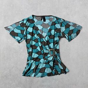 Bisou Bisou Women's Large Blue & Brown Blouse with Silver Buckle